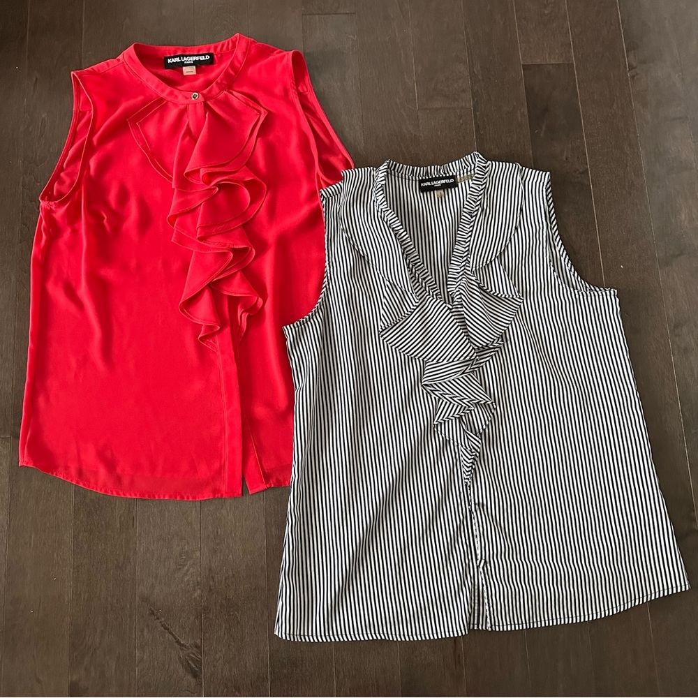 KARL LAGERFELD PARIS Ruffle Blouse Bundle Romantic Red Navy White Stripes M - Picture 1 of 12